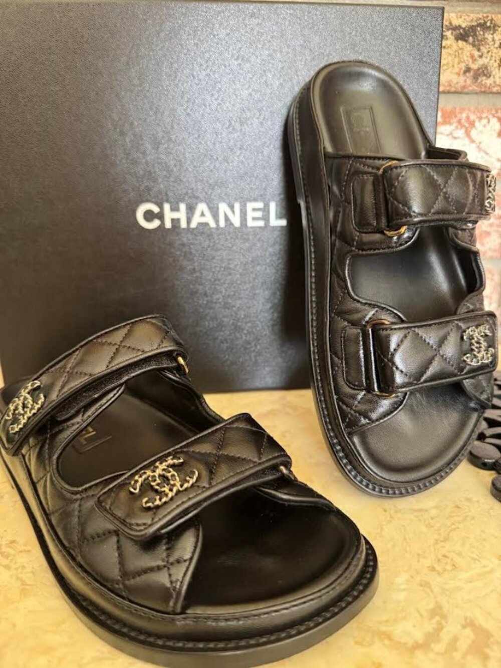 Chanel Lambskin Quilted Velcro Dad Chain CC Slide Sandals